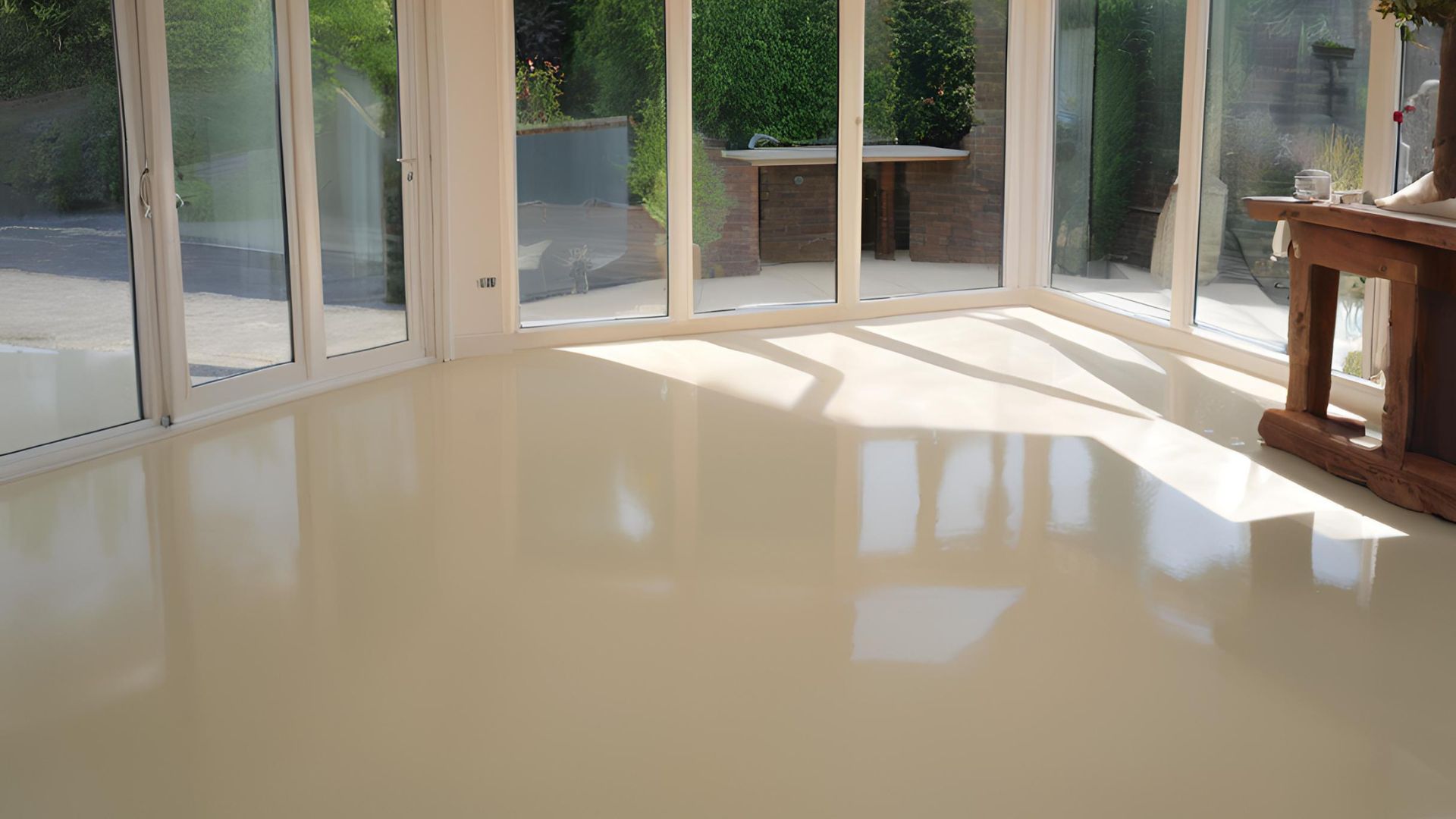 A cream coloured polished concrete floor in a conservatory
